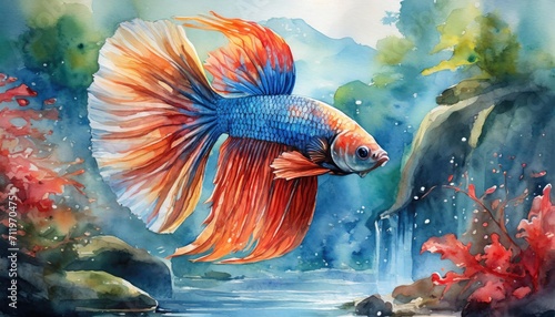 The colorful watercolor of siamese fighting fish.
 photo