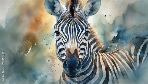 The watercolor portrait of a zebra.