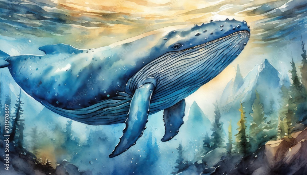 The watercolor of the blue whale under the sea. - obrazy, fototapety, plakaty 