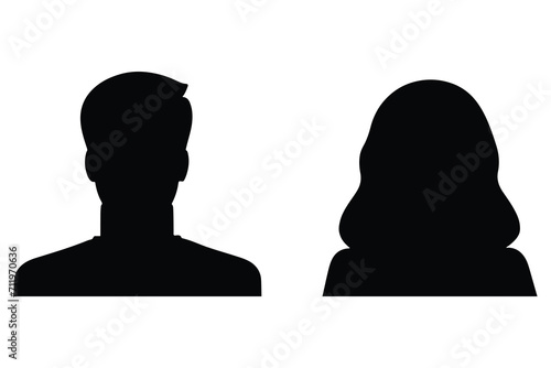 A vector illustration depicting male and female face silhouettes or icons, serving as avatars or profiles for unknown or anonymous individuals. The illustration portrays a man and a woman portrait. #711970636