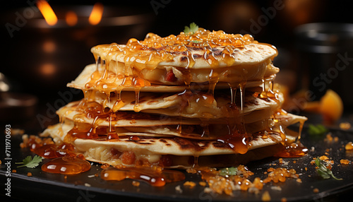 Freshly cooked stack of sweet pancakes on rustic wooden table generated by AI