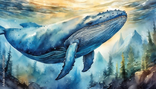 The watercolor of the blue whale under the sea. photo