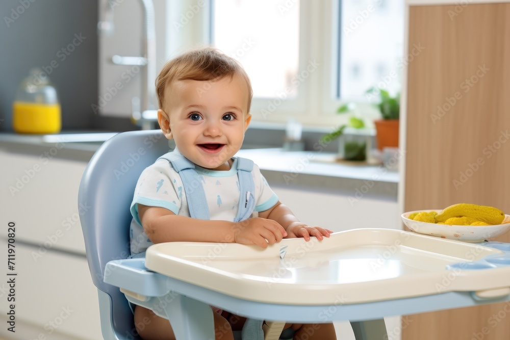 Happy baby in green feeding chair Happy baby in green feeding chair