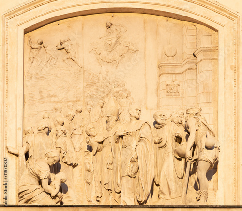 Vicenza - The relief of Laying the foundation stone of the sanctuary on the facade of church Santuario Santa Maria di Monte Berico in the evening light by Orazio Marinali (1688 - ca 1707).