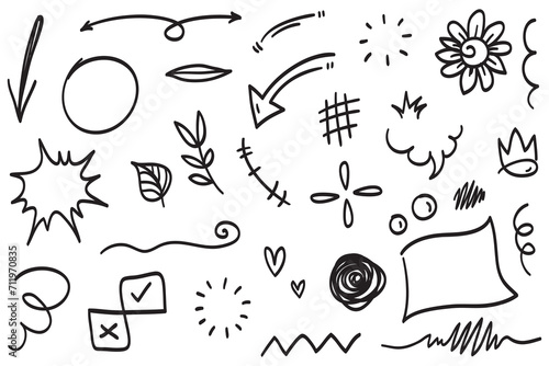 Vector set of hand-drawn cartoony expression sign doodle, curve directional arrows, emoticon effects design elements, cartoon character emotion symbols, cute decorative brush stroke lines. photo