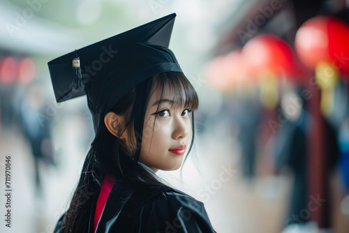 Beautiful Asian girl wearing black graduation cap and gown and posing casual in outdoors