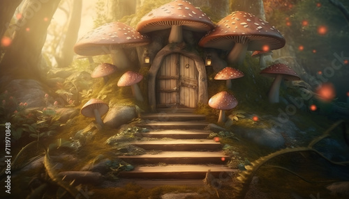 Fantasy forest from a fairy tale with an enchanted gate, a secret wooden door, stairs leading to a wonderful light outside, mushrooms, rays, and flying magic butterflies