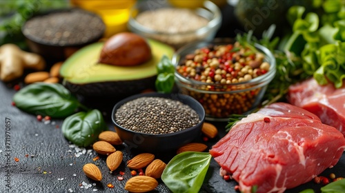 Keto-Friendly Ingredients: Close-up shots of keto-friendly ingredients nuts, seeds, lean meats, and green leafy vegetables, arranged in a visually appealing manner photo