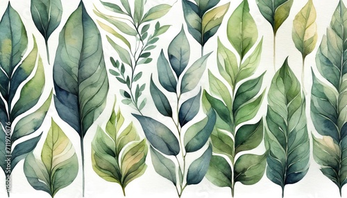 Watercolor floral collection. Illustration set with green wild leaves.