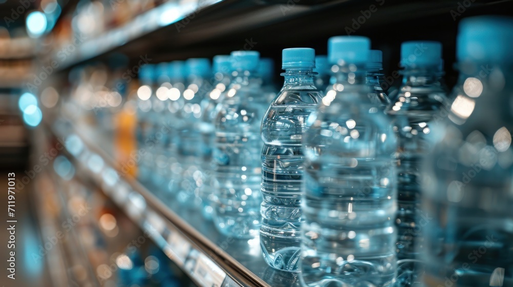 Side view of fridge shelves in supermarket with bottles of water. Generative AI. Side view of fridge shelves in supermarket with bottles of water. Generative AI.
