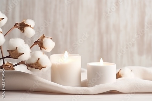 Candles and cotton on fabric