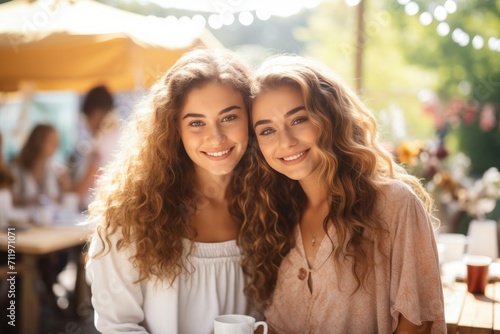 Two girlfriends are sitting in a restaurant. Meeting of friends. Sisters. Curly blond hair. Morning. Breakfast. Hotel. wedding  birthday  twins  twins 