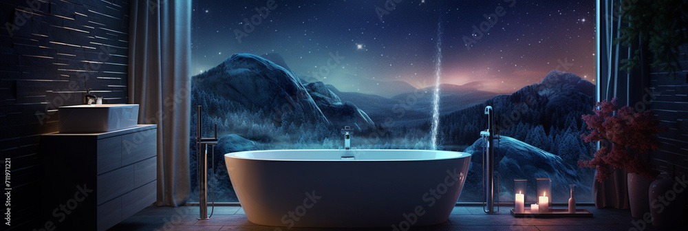 Beautiful bathroom with a starry night theme and bathtub - obrazy, fototapety, plakaty 
