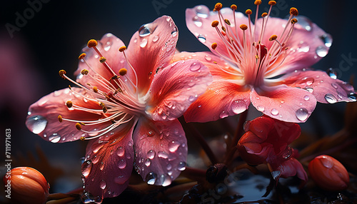 A vibrant bouquet of colorful flowers, wet with raindrops generated by AI