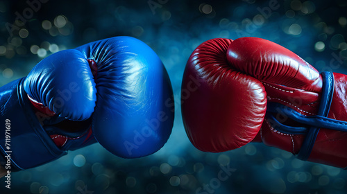 blue boxing glove with red boxing glove