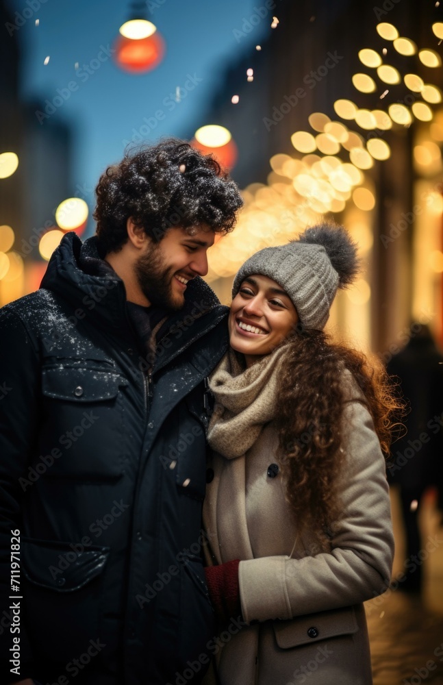 A couple standing in the street at night. Generative AI. A couple standing in the street at night. Generative AI.