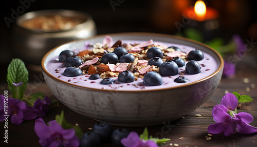 Blueberry bowl, freshness in organic wood, dessert close up gourmet yogurt generated by AI