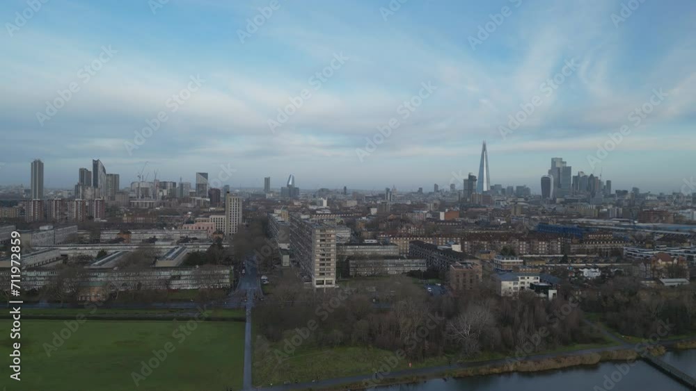 A view from a drone ascending over London. A view from a drone ascending over London.