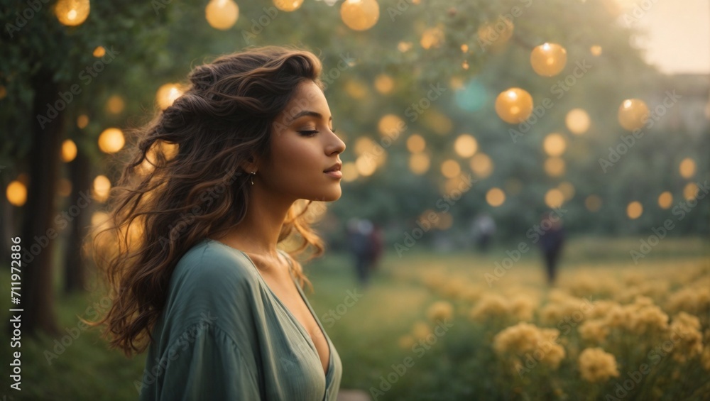 Portrait of a happy serene woman in beautiful garden with golden lights. Portrait of a happy serene woman in beautiful garden with golden lights.