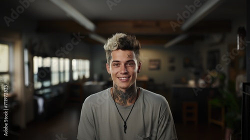 portrait of happy young caucasian man with tattoos