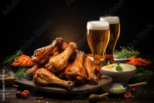 Fried chicken wings in sauce, accompanied by beer in glasses in the cozy atmosphere of a traditional pub, with lemon and spices on the table