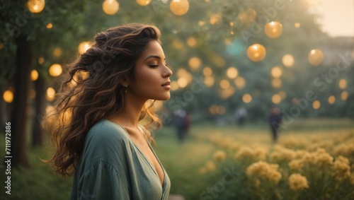 Portrait of a happy serene woman in beautiful garden with golden lights.