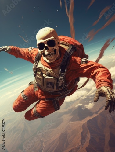 Skull in red space suit flying through the air. Generative AI.