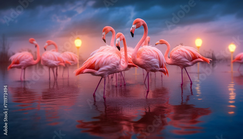Animals in the wild, outdoors, water, reflection, feather, beak, multi colored generated by AI
