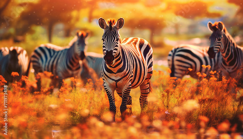 Zebra herd grazing on the African savannah under the sunset generated by AI