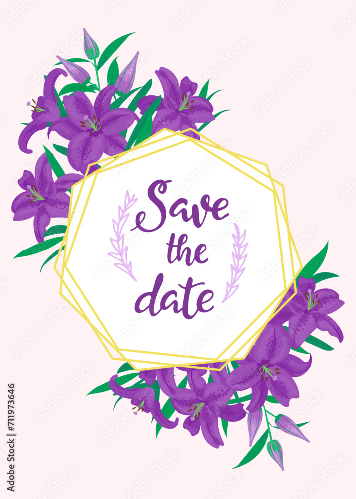 Save the date text inside hexagon frame surrounded by purple lilies on pink background. Wedding invitation card with floral design. Elegant event announcement vector illustration.