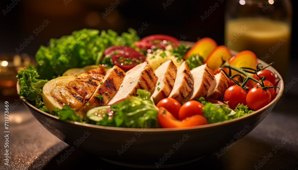 Grilled chicken breast with fresh salad, a healthy gourmet meal generated by AI