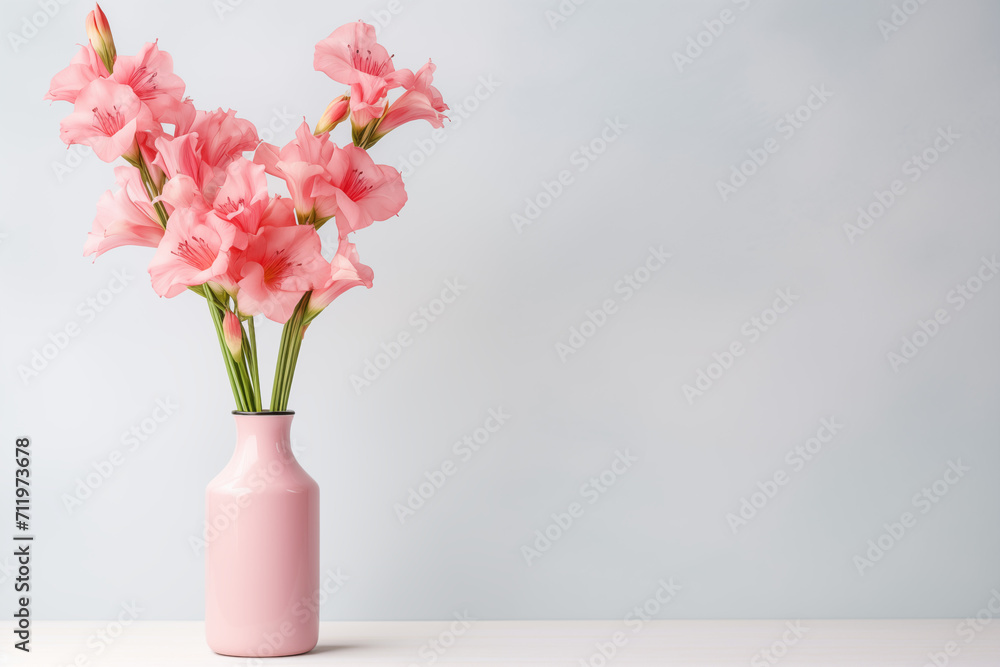 Gladiolus in a vase isolated background, space on right for copy text, card concept