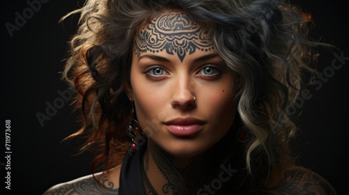 Portrait of happy young caucasian woman with tattoos on face.