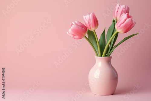Pink Tulip in a vase isolated background, space on right for copy text, card concept