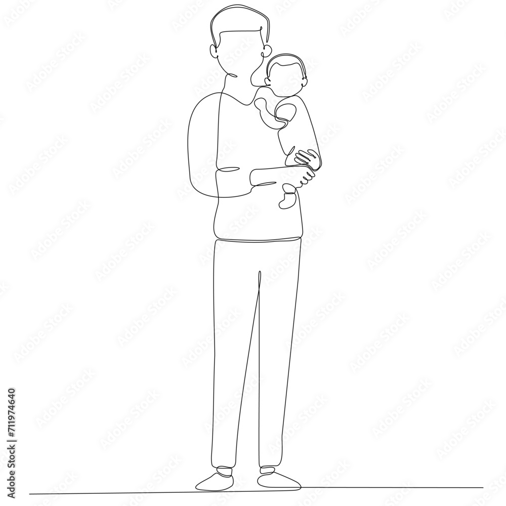 Happy fathers day. One continuous line drawing of a man with a child. Father and his children. The young father smiles and holds the baby in his arms, clutching him to himself. Vector illustration Happy fathers day. One continuous line drawing of a man with a child. Father and his children. The young father smiles and holds the baby in his arms, clutching him to himself. Vector illustration