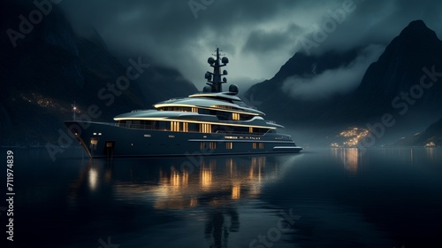 Illustrate a superyacht anchored in a bay surrounded by mist-covered mountains, with the lights from the vessel creating an ethereal ambiance. © Azeem