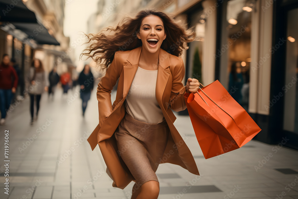 in a lively moment, holding shopping bags and seemingly enjoying a shopping spree in mall, They are holding multiple shopping bags - obrazy, fototapety, plakaty 