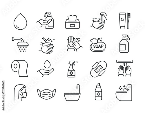 Hygiene simple minimal thin line icons. Related hand wash, disinfection, clean, antiseptic, healthy. Editable stroke. Vector illustration.