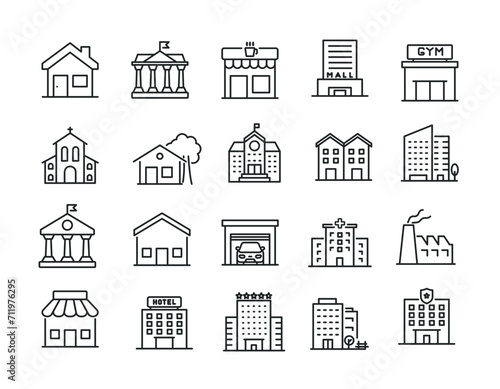 Building simple minimal thin line icons. Related skyscrapers, church, museum, school. Editable stroke. Vector illustration. photo