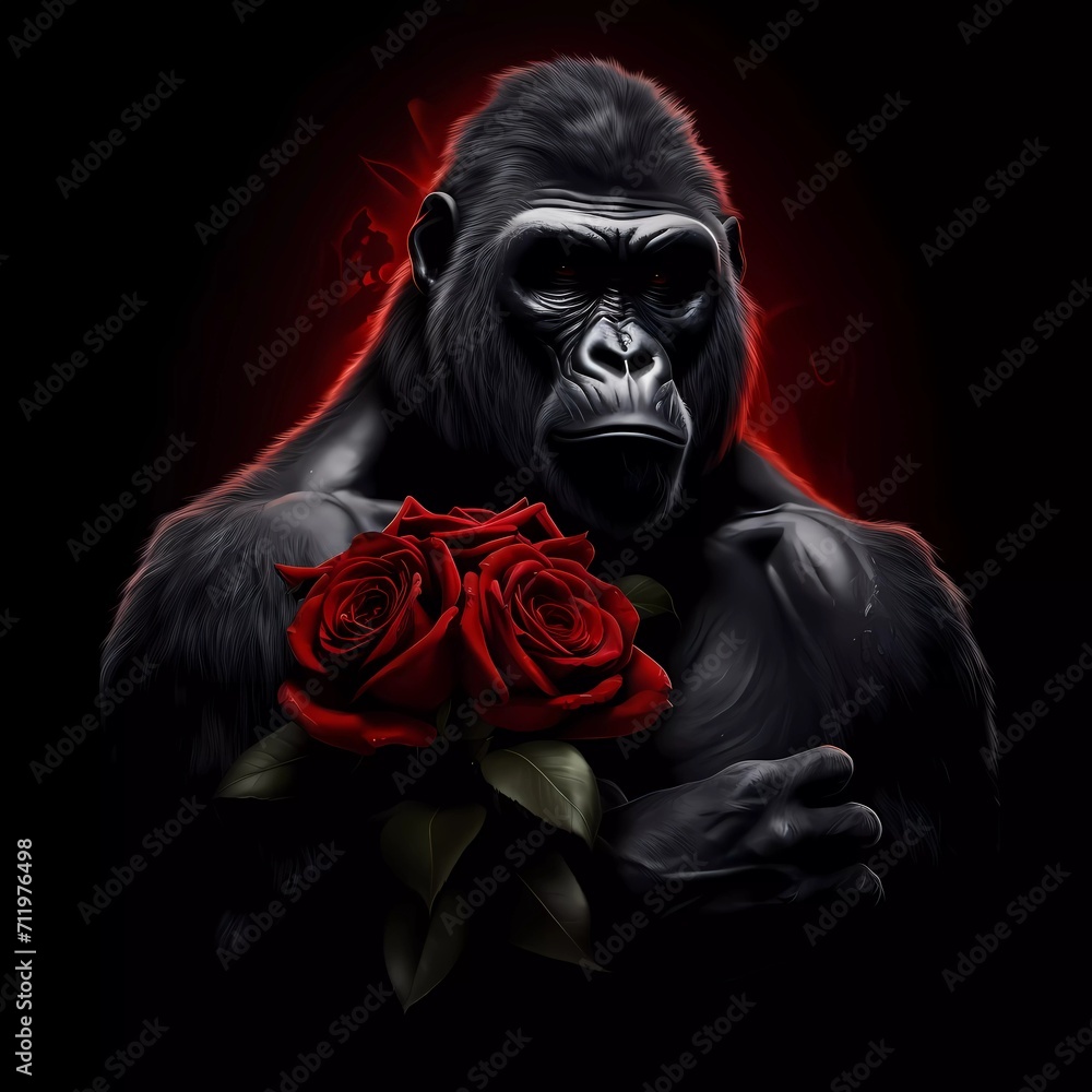 illustration of a gorilla with a red rose on a black background. generative ai