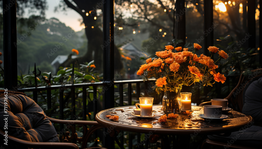 A cozy candlelit room with flowers brings relaxation and comfort generated by AI