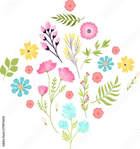 Assorted floral elements arranged in heart shape, colorful flowers and leaves design. Love, spring, and nature themes. Romantic garden composition vector illustration.