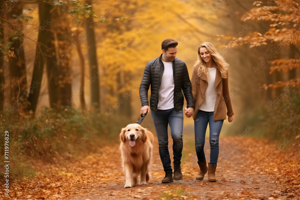 couple and their dog enjoying a walk in an autumn setting. They are surrounded by trees adorned with vibrant orange and yellow leaves. couple and their dog enjoying a walk in an autumn setting. They are surrounded by trees adorned with vibrant orange and yellow leaves.
