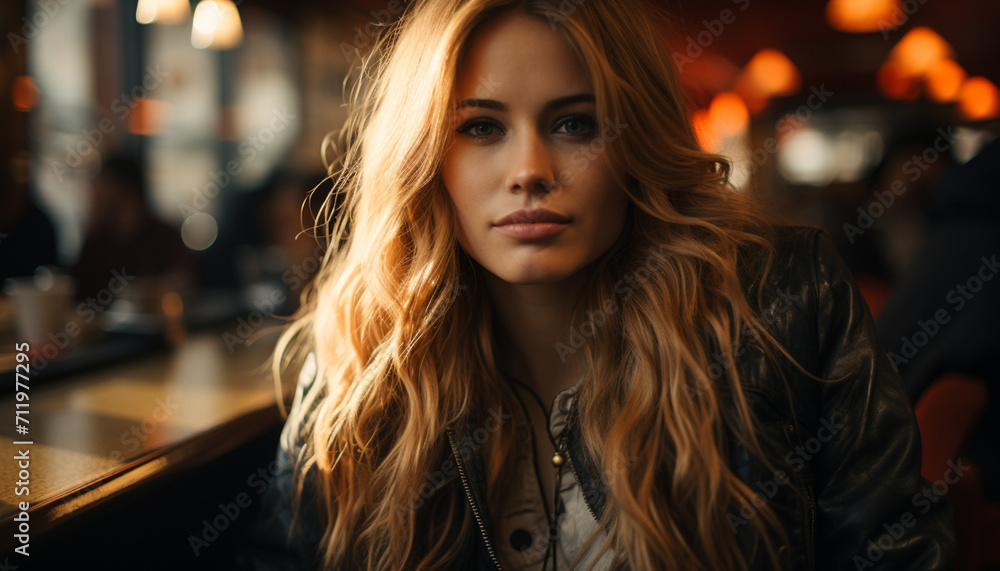 Young woman with long blond hair, sitting outdoors, looking at camera generated by AI