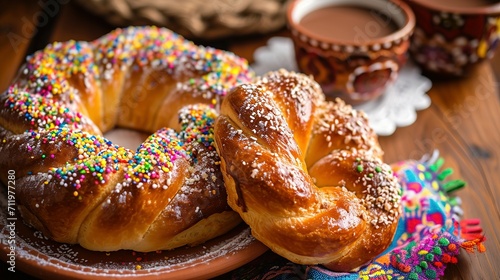 Three Kings Bread also called Rosca de Reyes, Roscon, Epiphany Cake, traditionally served with hot chocolate in a clay Jarrito. Mexican tradition on January 5th