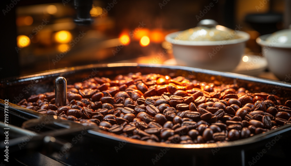 Freshly brewed coffee steams on a hot stove, awakening senses generated by AI - obrazy, fototapety, plakaty 