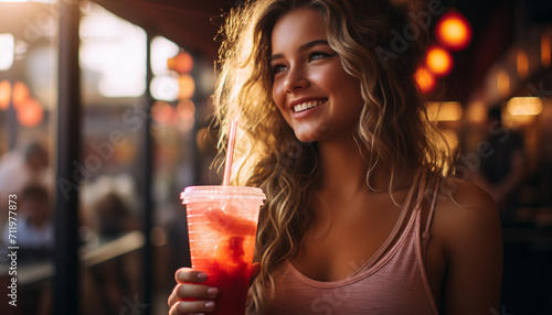 A young woman enjoying a drink at an outdoor bar generated by AI