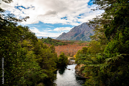 View of a Patagonian valley from the Los Alerces Waterfall circuit, in autumn.