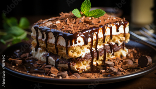 A close up of a fresh, homemade chocolate dessert on a plate generated by AI