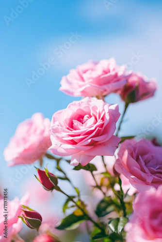 Pink rose flower in the garden on blue sky sunlight with bokeh,Generative AI